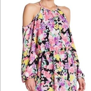 Pink Floral Cold Shoulder Long Sleeve Casual Dress